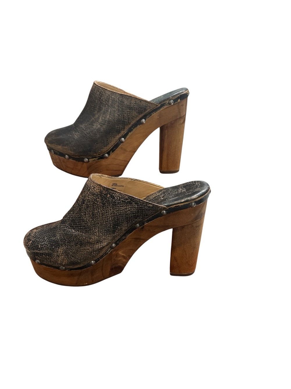 Bed Stu Dorothy Distressed Leather Chunky Wooden Heel Studded Platform Clogs